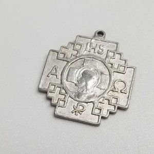 Vintage religious pendant Medal Catholic IHS Crusade Religion Cross Alpha Omega